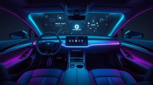 A futuristic electric car interior with AI holographic UI, digital dashboard, software update icons, neon tech theme, ultra realistic, 4K.