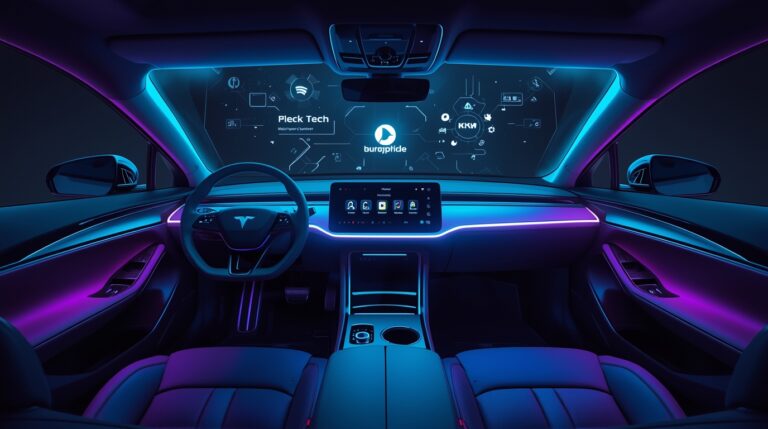 A futuristic electric car interior with AI holographic UI, digital dashboard, software update icons, neon tech theme, ultra realistic, 4K.