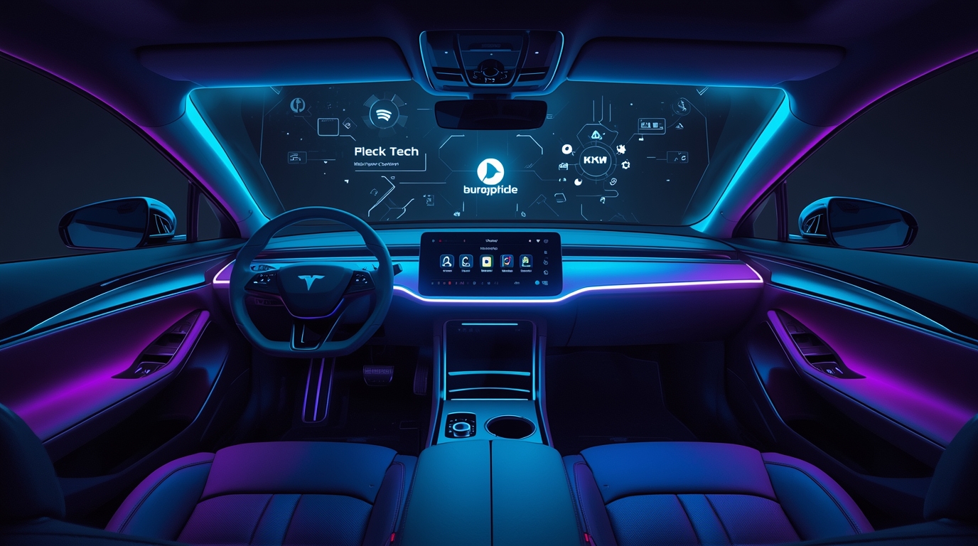 A futuristic electric car interior with AI holographic UI, digital dashboard, software update icons, neon tech theme, ultra realistic, 4K.