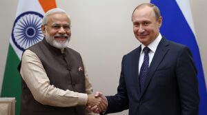 Narendra Modi and Vladimir Putin shaking hands during an official bilateral meeting, flags of India and Russia behind them, bright lighting, high-quality news photography.