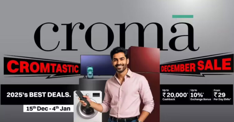 Croma December Sale 2025: iPhone 16 ₹40,990 se, Galaxy Z Fold 7 ₹99,999 aur MacBook Air M4 ₹55,911 – Year-End Deals Live